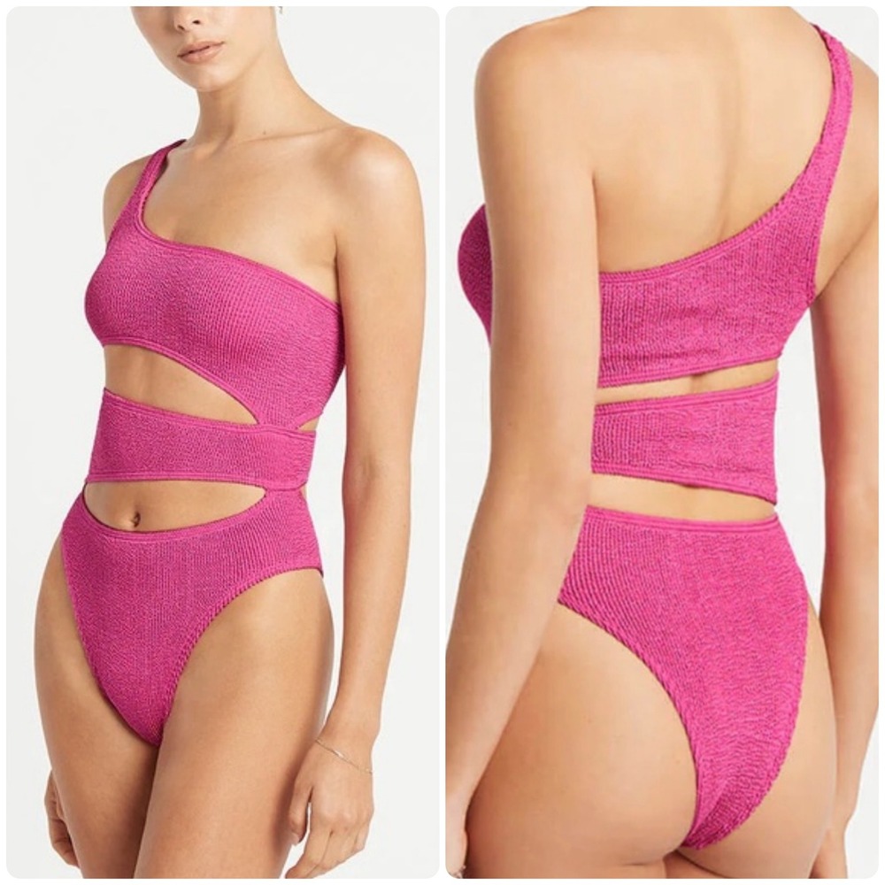 NWT Bond-Eye Womens Rico Pink Crinkle One Shoulder Cut Out One Piece Swimsuit OS